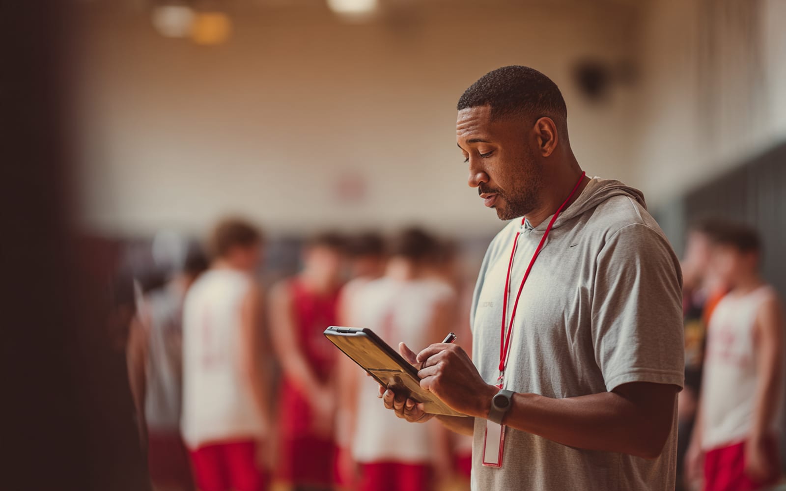 A coach making notes on a tablet while his team warms up behind him