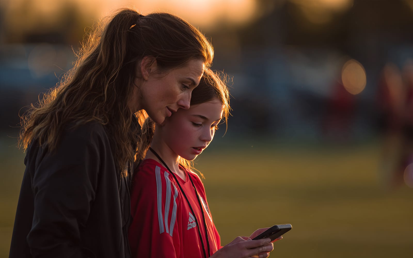 A parent and daughter on the sideline looking at a phone together